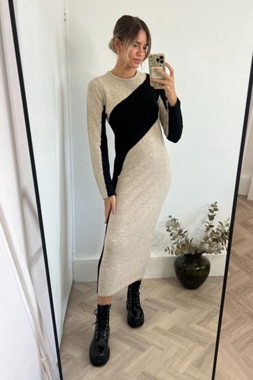 Style Cheat Black Knitted Colour Block Jumper Midaxi Dress