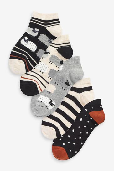 Black/Cream Sheep Trainer Socks 5 Pack