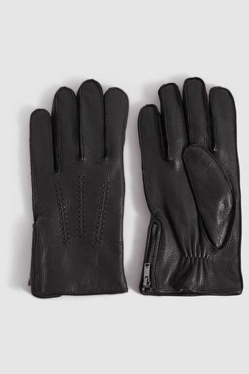 Reiss Black Iowa Leather Gloves