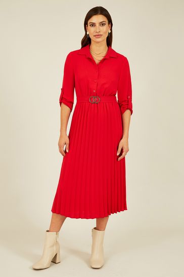 Mela Red Pleated Skirt Midi Dress with Belt Buckle