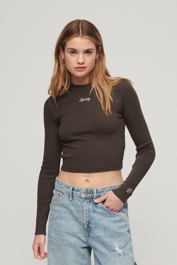 Superdry Brown Rib Long Sleeve Fitted Top