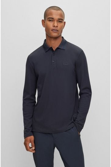 BOSS Dark Blue Plisy Collar Detail Long Sleeve Polo Shirt