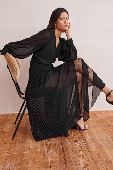 Black Wrap Front Sheer Skirt Midi Dress