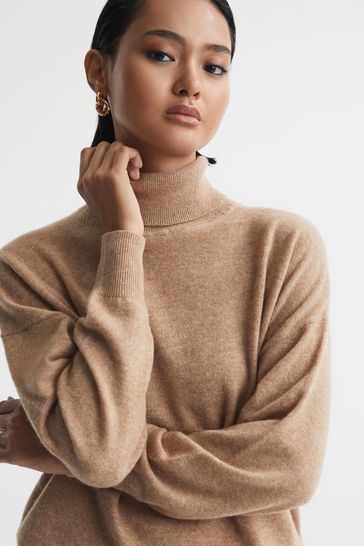 Reiss Camel Mabel Fitted Cashmere Roll Neck Top