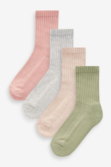 Grey/Pink/Khaki Green 4 Pack Cotton Rich Cushioned Footbed Ribbed Ankle Socks