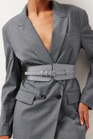 Grey Leather Wide Corset Belt