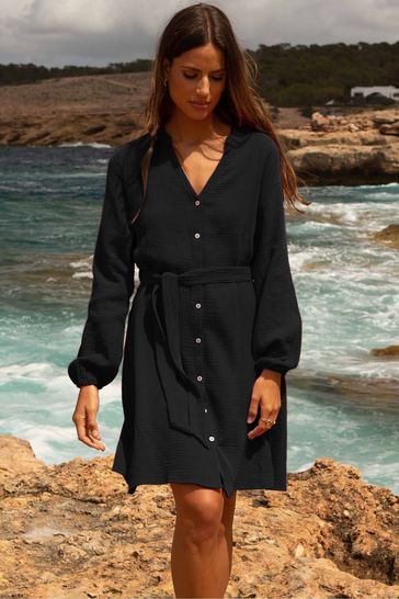 Threadbare Black Grandad Collar Belted Shirt Dress