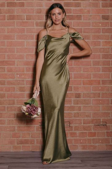Style Cheat Green Cowl Neck Maxi Satin Bridesmaid Dress