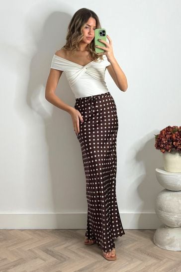 Style Cheat Brown Sylvia Drawstring Satin Slip Midaxi Skirt