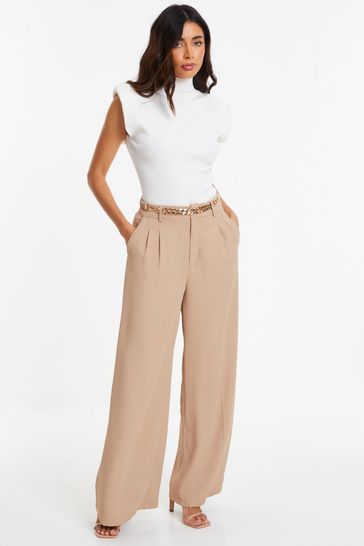 Quiz Camel Woven Wide Leg Trousers with Brown Chain Belt
