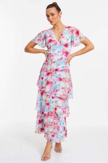 Quiz Pink Floral Chiffon Maxi Dress with Frill and Angel Short Sleeve