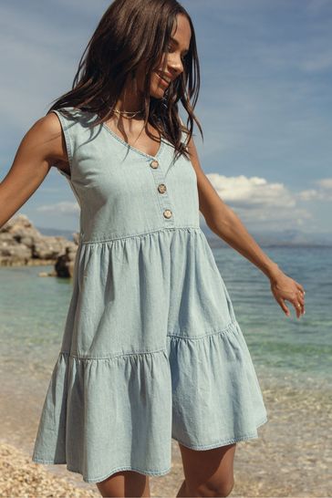 Buy Threadbare Blue Cotton Chambray Sleeveless Smock Dress from