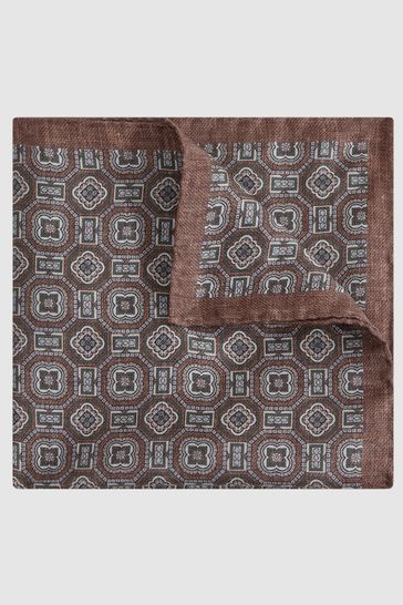 Reiss Tobacco Rocco Silk Medallion Print Pocket Square