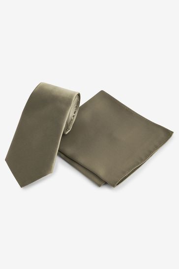 Olive Green Satin Tie And Pocket Square Set