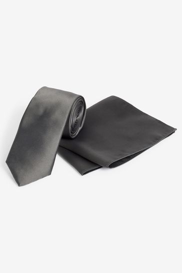 Charcoal Grey Satin Tie And Pocket Square Set