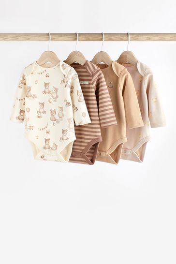 Tan Brown Bear Baby Long Sleeve Bodysuits 4 Pack