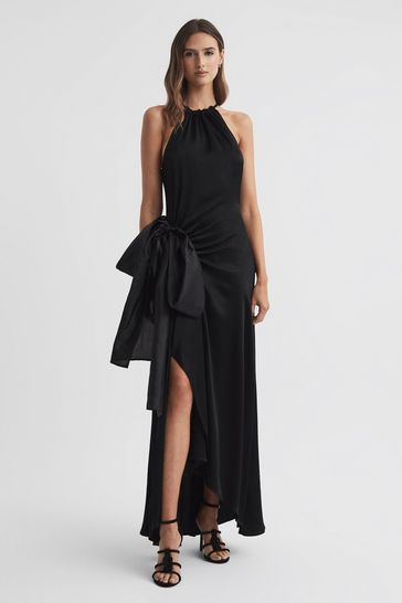 Reiss Black Luna Satin Bow Halterneck Maxi Dress