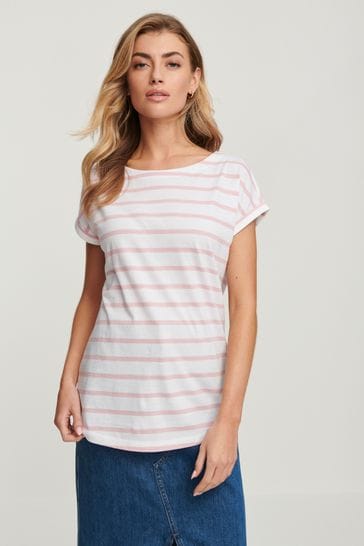 Pink Stripe Round Neck Cap Sleeve T-Shirt