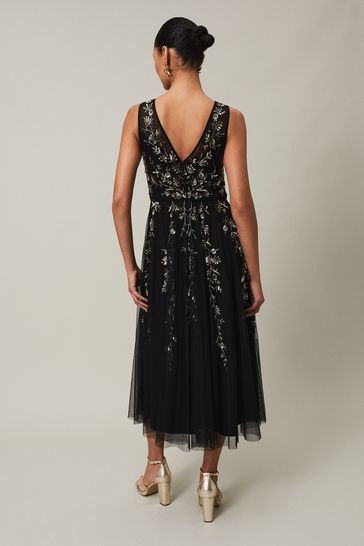 Phase Eight Marissa Floral Embellished Midi Black Dress