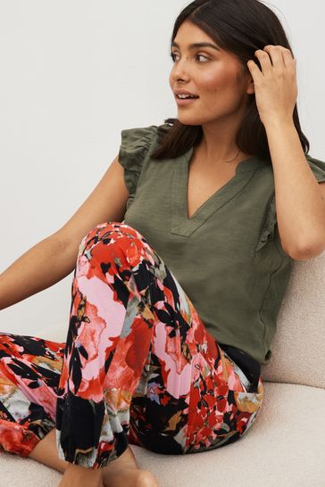 Khaki/Red Floral Cotton Pyjamas