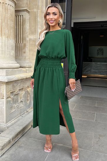 Buy AX Paris Green Long Sleeve Shirred Detail Midi Dress from Next