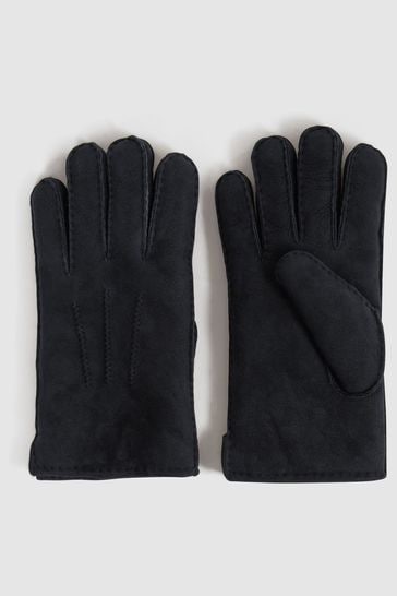 Reiss Black Aragon Suede Shearling Gloves
