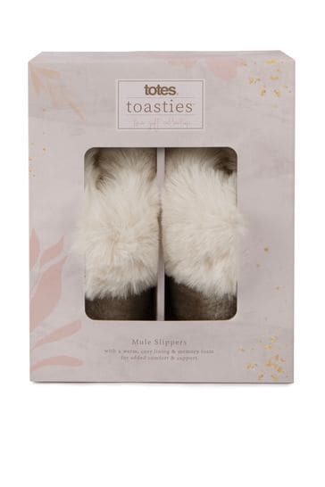 Totes Natural Ladies Textured Faux Fur Mule Slippers