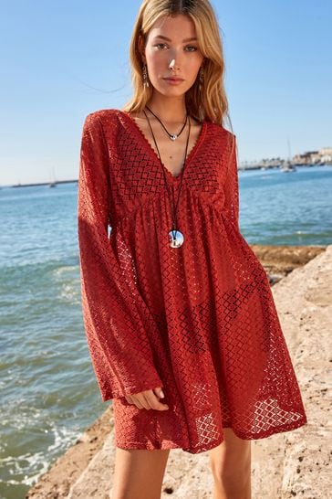 Red Crochet Lace Beach Cover-Up Kaftan