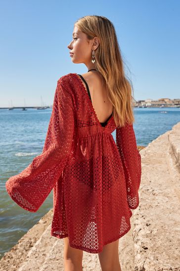 Buy Red Crochet Lace Beach Cover Up Kaftan from Next Bahrain