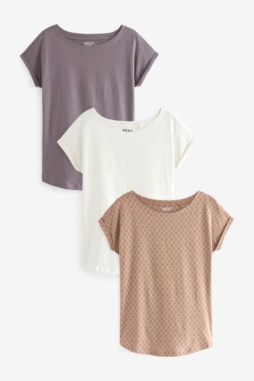 White Ecru/Grey/Brown Print Cap Sleeve T-Shirts 3 Pack