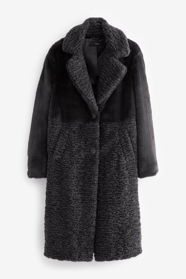 Charcoal Grey Longline Faux Fur Coat