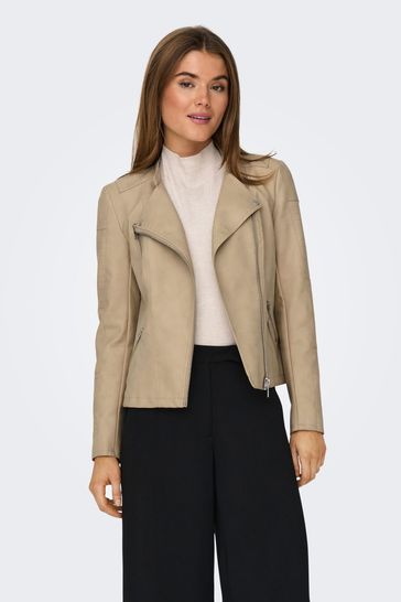 ONLY Cream Collarless Faux Leather Biker Jacket