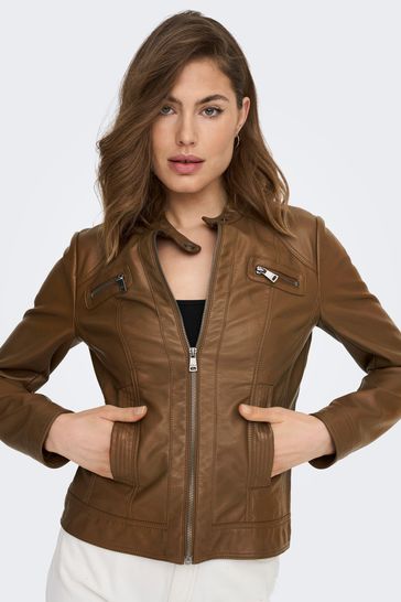 ONLY Brown Collarless Faux Leather Biker Jacket