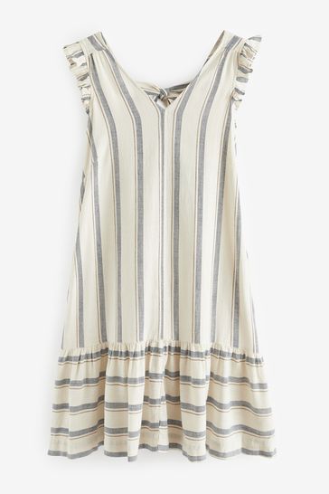 Blue and white striped ruffle dress cheap