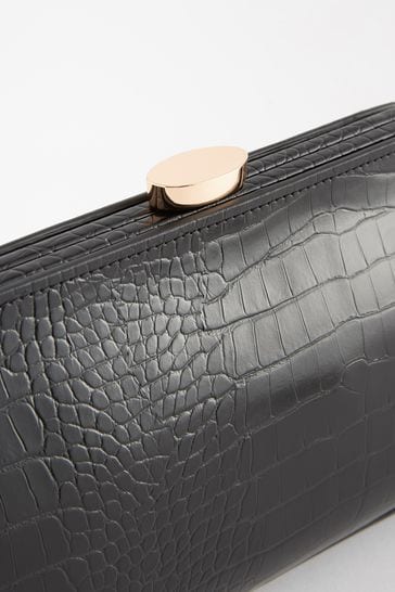 Black Croc Effect Snap Clutch Bag