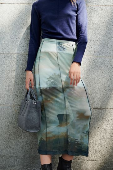 Blue Landscape Mesh Midi Skirt