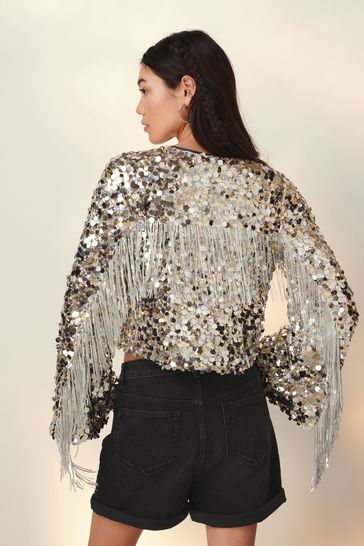 Silver Sequin Fringe Kimono Jacket