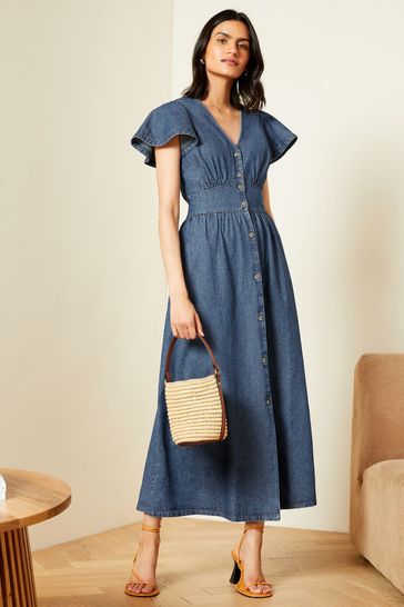 Love & Roses Blue Denim Flutter Sleeve Button Through Dress