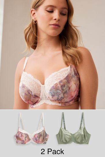 Pink Watercolour Floral Print/Sage Green DD+ Non Pad Wired Full Cup Microfibre and Lace Bras 2 Pack