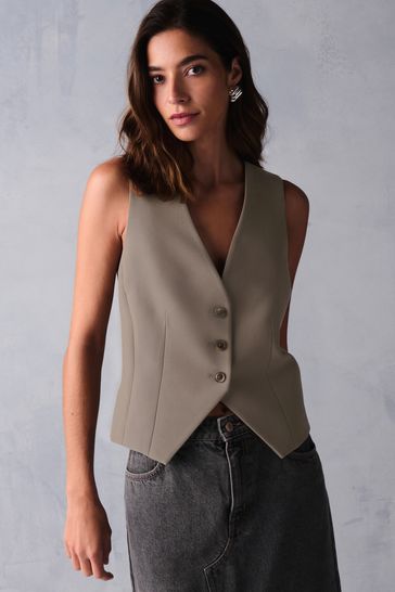 Buy Brown Khaki Tailored Button Through Waistcoat from Next Bahrain