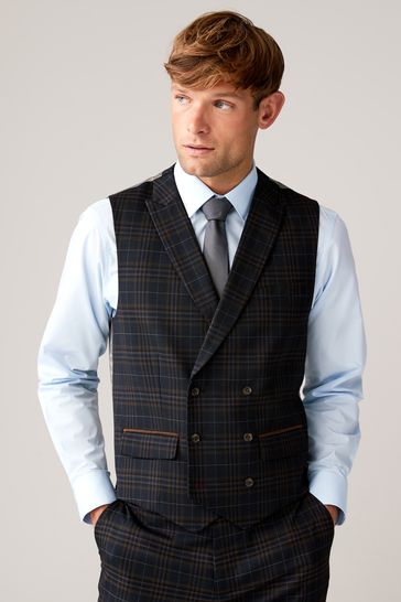 Navy Trimmed Check Suit Waistcoat