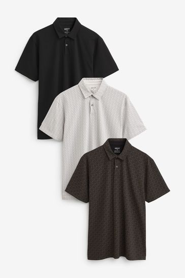 White Grey Black Print Regular Fit Short Sleeve Jersey Polo Shirts 3 Pack