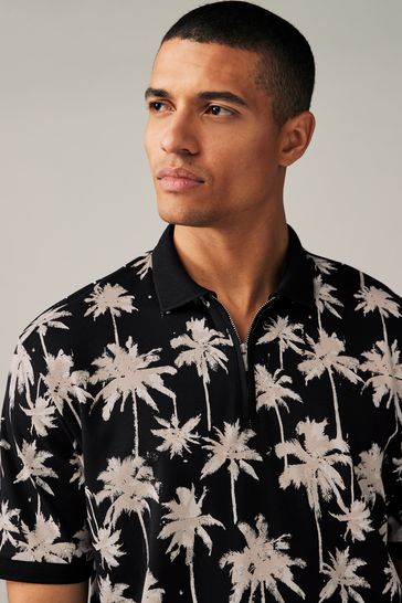 Black/White Palm Print Polo Shirt
