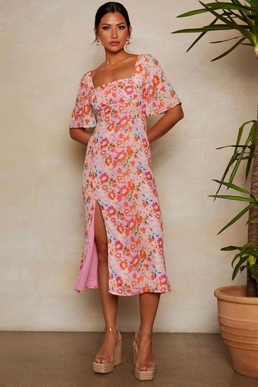 Chi Chi London Pink Multi Short Sleeve Square Neck Floral Midi Dress