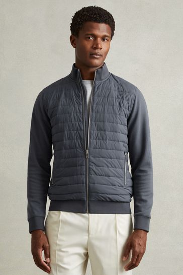 Reiss Airforce Blue Flintoff Hybrid Quilt and Knit Zip-Through Jacket