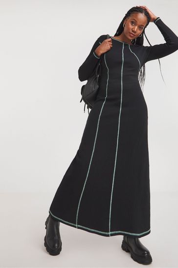 Simply Be Long Sleeve Exposed Seam Midaxi Black Dress