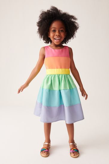 Little Bird by Jools Oliver Multi Colourful Pastel Striped Occasion Dress with Bow