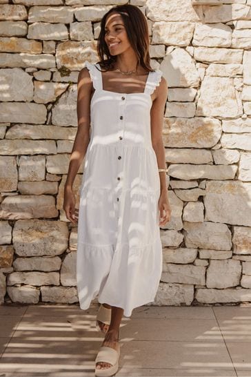 Threadbare White Linen Blend Tiered Midi Dress