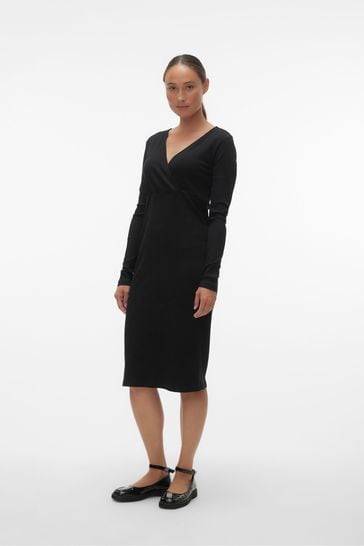 VERO MODA Black Maternity Stretch Comfort Ribbed Wrap Dress