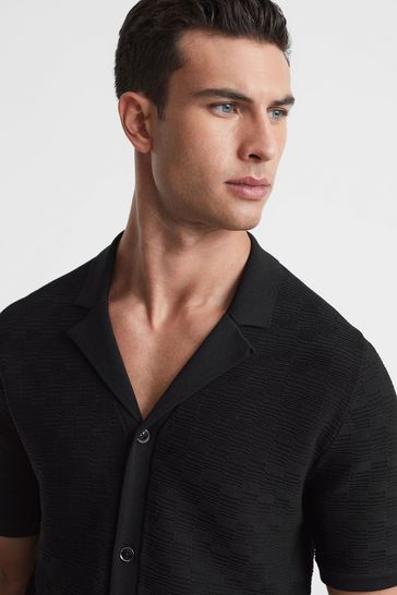 Reiss Black Lunar Textured Cuban Collar Button-Through Shirt